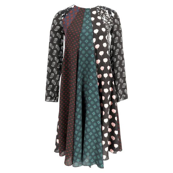 Lanvin Patchwork Long Sleeve Midi Dress in Multicolor Silk
